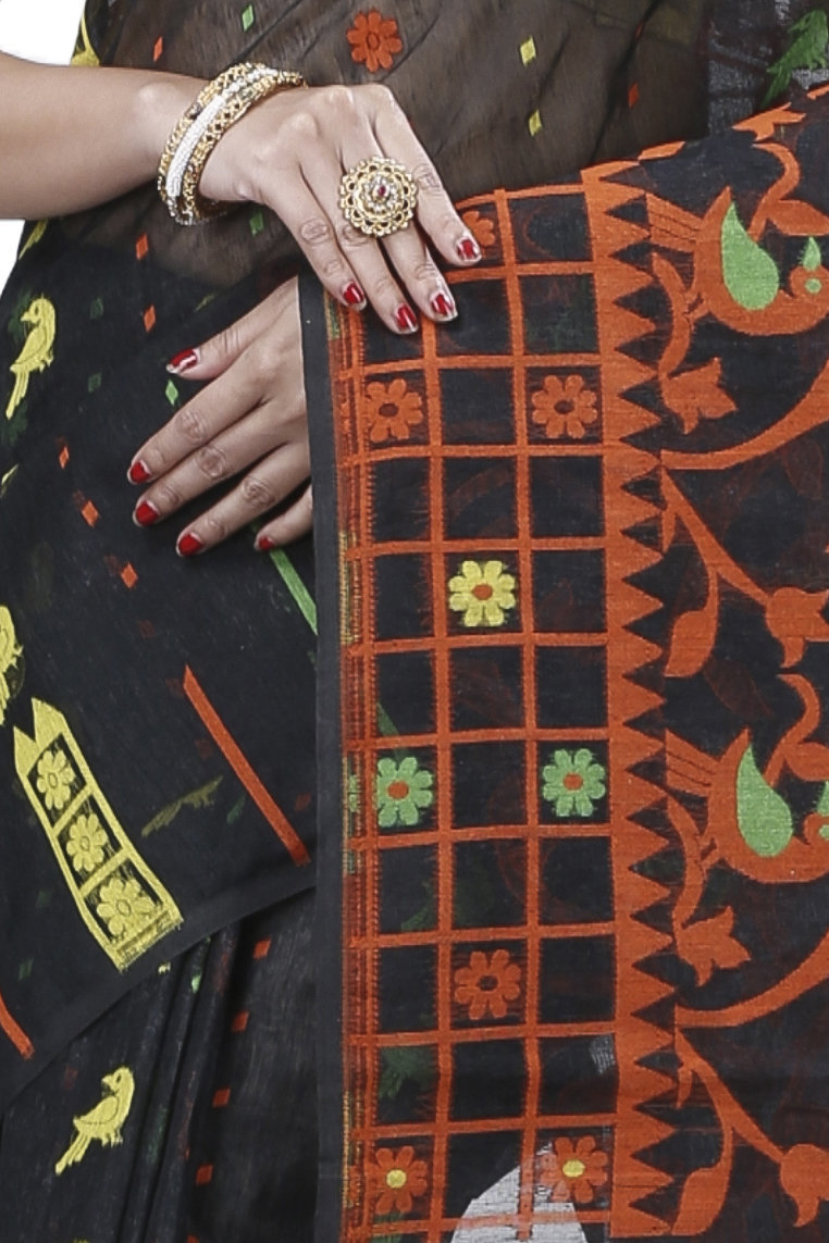 Black Pure Cotton Sabon Jamdani Saree (1306)